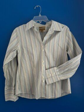 Non-Iron Gold Label Investments Petites Fitted Stripe 100% Cotton Blouse - 6P